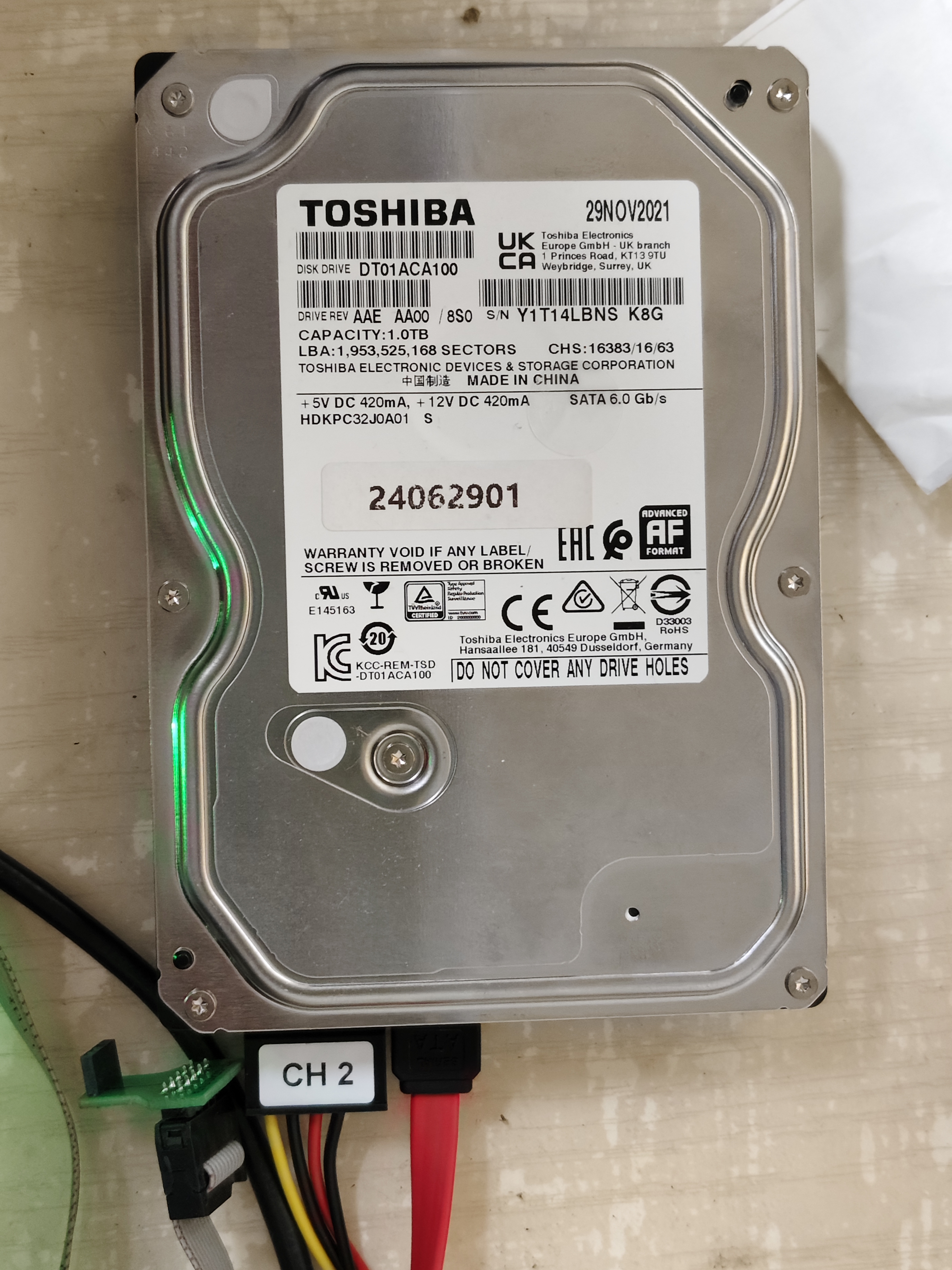 DT01ACA100 东芝1TB硬盘 敲盘 加密 开盘 数据恢复成功